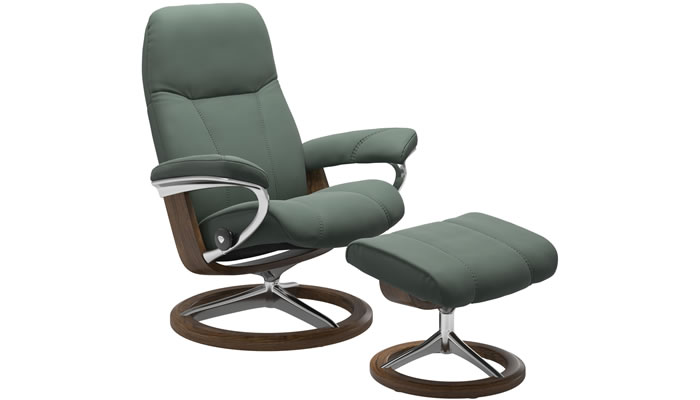 Stressless Consul Signature Recliner and Stool in Paloma Sage Green Leather